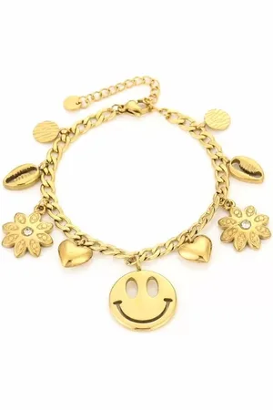 MICHELLE Armband met bedels - stainless steel sieraad - bedelarmband - smiley bloemen schelp hartjes