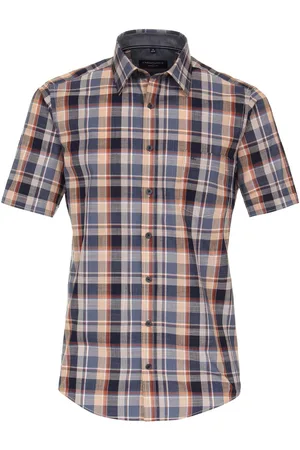 Casa Moda Sport casual fit overhemd - korte mouw - chambray - blauw met oranje geruit - Strijkvriendelijk - Boordmaat: 39 - 40
