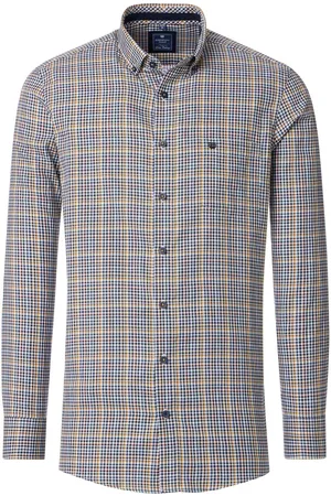 Redmond Comfort fit overhemd - Oxford - blauw - wit en geel geruit - Strijkvriendelijk - Boordmaat: 41 - 42