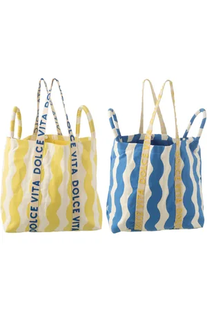 J-line Strandtas Dolce Vita - katoen - blauw/geel - 2 stuks
