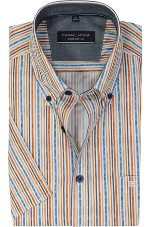 Casa Moda Sport comfort fit overhemd - korte mouw - popeline - wit met blauw - groen en oranje gestreept - Strijkvriendelijk - Boordmaat: 43 - 44