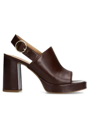 Sacha Dames - Donkerbruine leren sandalen met hak en gesp
