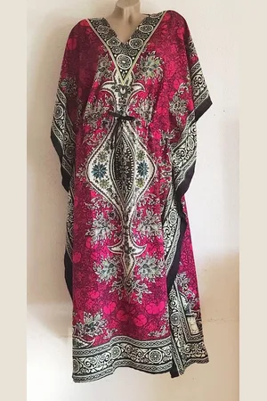 Merkloos Dames kaftan 106 met aantrekkoord en V hals one size 36-50 fuchsia