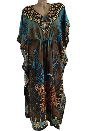 Merkloos Kaftan met aantrekkoord en v hals 163 One size 36-50 turqoise/bruin