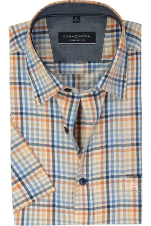 Casa Moda Sport comfort fit overhemd - korte mouw - popeline - blauw - wit - oranje en groen geruit - Strijkvriendelijk - Boordmaat: 41 - 42