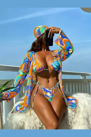 Merkloos Bikini set driedelig jurk broekje string triangel goedkoop sexy bloemen veelkleurig badkleding hoofddoek oranje blauw