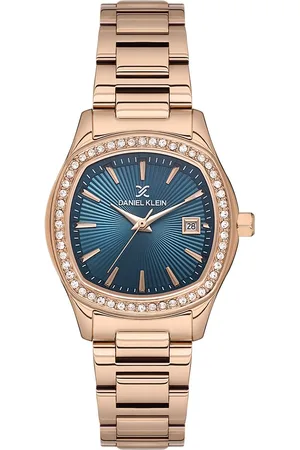 Daniel Klein DK.1.13866-5 - Horloge - Polshorloge - Analoog - Dames - Vrouwen - Stalen band - Metaal - Overig - Briljanten - Datumaanduiding - Strepen - Rosékleurig - DonkerBlauw