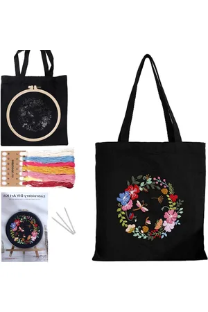 Merkloos Borduurset Tas voor Beginners - Inclusief Instructies, Ringen en Patroon (Zwart)