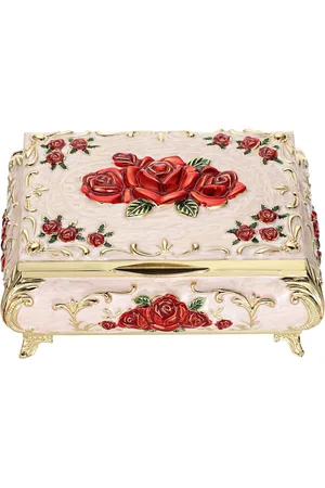 Merkloos Vintage sieradendoos met deksel van metaal, melkwit met rode bloemenvorm, sieradenkistje, sieradenkoffer voor ring, armband, oorbellen, cadeau voor Kerstmis, verjaardag (midden)