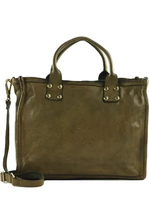 Campomaggi Leren Schoudertas Handtas Shopping Bag Kaki