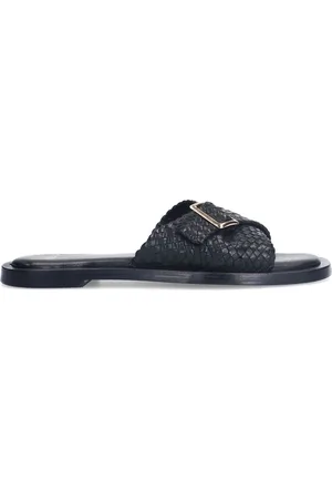 Manfield Dames - Zwarte gevlochten slippers met gesp