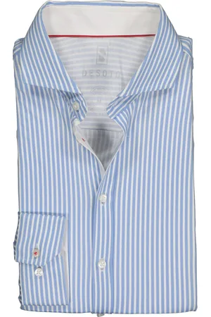 DESOTO Slim fit overhemd - stretch tricot - lichtblauw-wit gestreept - Strijkvrij - Boordmaat: 45/46