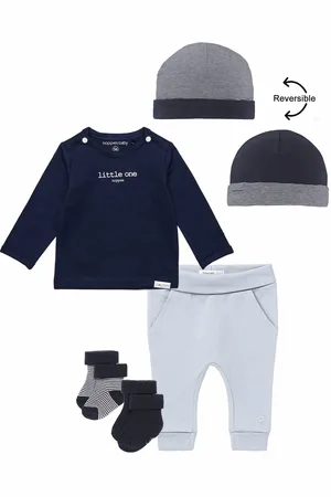 Noppies Kledingset - 5 delig - Broek Humpie Lichtblauw - Shirt Hester Navy - Muts - 2 paar sokjes