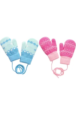 Merkloos 2 Paar Kinder Winter Handschoenen met Koord voor Ophangen - Thermische Gebreide Handschoenen voor Kinderen Jongens en Meisjes van 1-3 Jaar