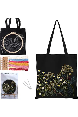 Merkloos Borduurset Tas voor Beginners - Inclusief Instructies, Ringen en Patroon (Kamille)