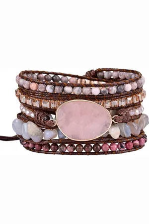 Marama Armband Rose - Rozenkwarts - roze edelsteen - leer - damesarmband - cadeau dames - wikkelarmband - one size fits all