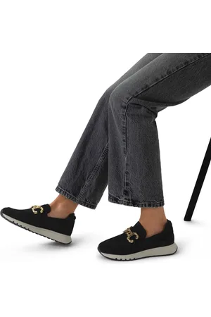 Manfield Dames - Zwarte suède loafers met gouden chain