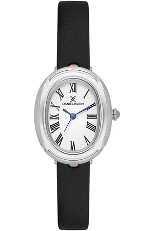 Daniel Klein DK.1.13872-1 - Horloge - Polshorloge - Analoog - Dames - Vrouwen - Leren band - Ovaal - Metaal - Romeinse Cijfers - Zwart - Zilverkleurig
