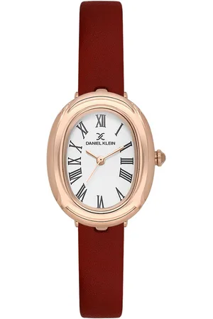 Daniel Klein DK.1.13872-6 - Horloge - Polshorloge - Analoog - Dames - Vrouwen - Leren band - Ovaal - Metaal - Romeinse Cijfers - Bordeauxrood - Rosékleurig
