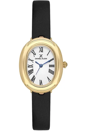 Daniel Klein DK.1.13872-2 - Horloge - Polshorloge - Analoog - Dames - Vrouwen - Leren band - Ovaal - Metaal - Romeinse Cijfers - Zwart - Goudkleurig