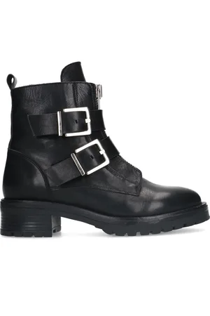 Sacha Dames - Zwarte leren biker boots met zilverkleurige gespen