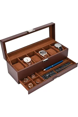 Merkloos Horlogebox - Espresso - Horlogebox met lade - 6 horloges - Horlogedoos glas - Dubbellaags - Horlogedoos