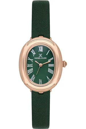 Daniel Klein DK.1.13872-5 - Horloge - Polshorloge - Analoog - Dames - Vrouwen - Leren band - Ovaal - Metaal - Romeinse Cijfers - DonkerGroen - Rosékleurig
