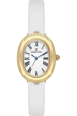 Daniel Klein DK.1.13872-4 - Horloge - Polshorloge - Analoog - Dames - Vrouwen - Leren band - Ovaal - Metaal - Romeinse Cijfers - Wit - Goudkleurig