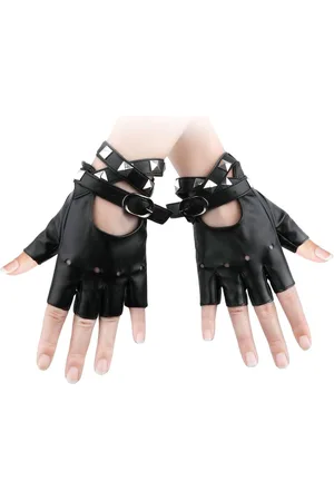 Merkloos Vingerloze Handschoenen Leer Palm PU Zacht Punk Handschoenen - Vingerloze Handschoenen Leer Cosplay Zwarte Rocker Kostuum Accessoires - Halloween Vrouw Tieners met Spike-Armband
