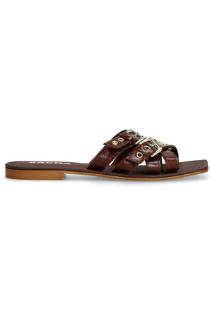 Sacha Dames - Bruine leren buckle slippers