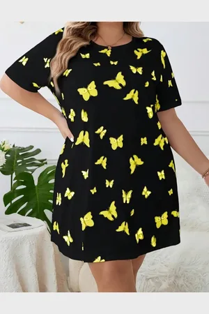Merkloos Schattige pyjama nachtjurk zwart met vlinders plus size grote maat 4XL eu 52