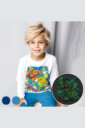 Merkloos Ruimte Dieren - Glow-in-the-dark pyjama - - maat 104-110 - 4 jaar - 100% katoen