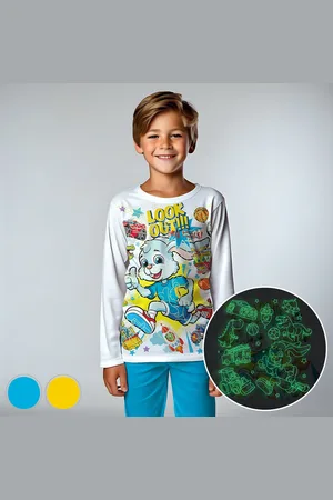 Merkloos Kijk uit ! - Glow-in-the-dark pyjama - - maat 128-134 - 8 jaar - 100% katoen