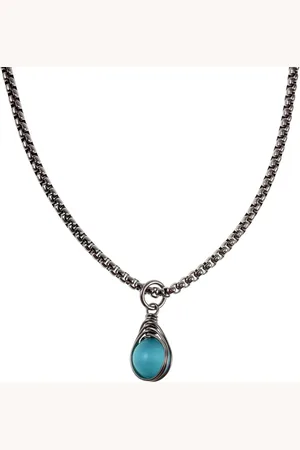 esde2 60cm x 3mm Jasseron-Ketting + Turquoise Kattenoogsteen Hanger Dames - RVS - Handgemaakt Steen Hanger met Ketting