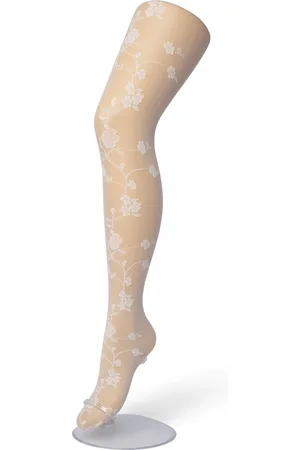 Bonnie Doon Dames Bloemen Panty 20 Denier Off White maat L/XL - Chique Panty - Gebloemd Dessin - Brede Boord - Comfort - Bloemenprint - Bloem - Bloom Tights - Feestelijk - Gebroken Wit - Ecru - Crème - - BP201908.250