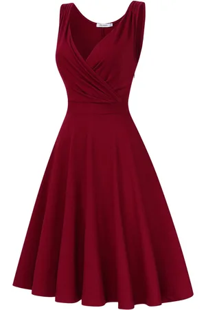 Merkloos Damesjurken vintage cocktailjurk met V-hals, mouwloze knielange retro plooirok XL