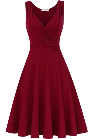 Merkloos Damesjurken vintage cocktailjurk met V-hals, mouwloze knielange retro plooirok L