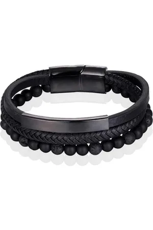 Memphis Heren armband Agaat kraal gevlochten leer - 21cm