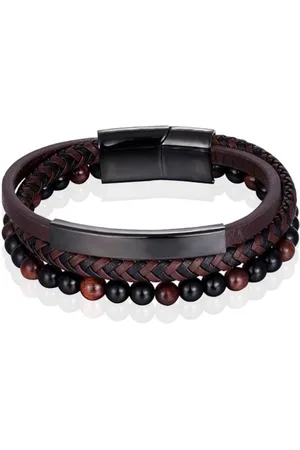 Memphis Heren armband Tijgeroog kraal gevlochten leer Zwart Bruin - 21cm