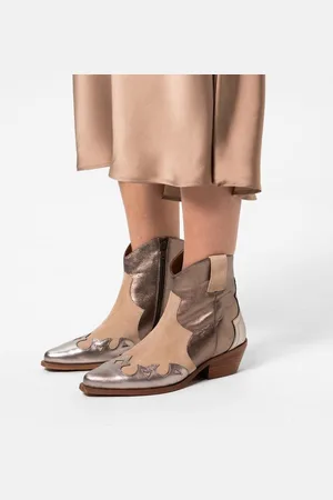 Manfield Dames - Beige suède cowboy laarzen met metallic details