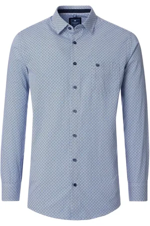 Redmond Comfort fit overhemd - popeline - blauw met wit dessin - Strijkvriendelijk - Boordmaat: 49 - 50