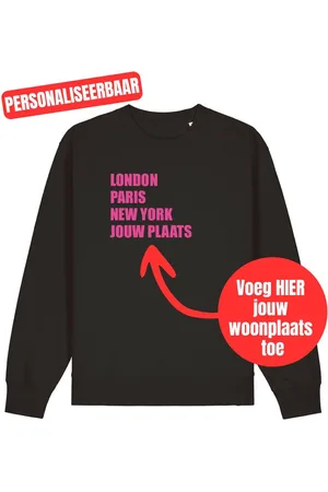 Merkloos Sweater zwart XL - London, Paris, New York, jouw woonplaats - Fluor roze