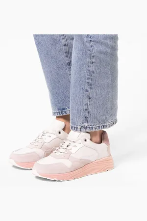 Manfield Dames - Witte leren sneakers met roze zool