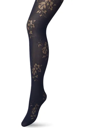 Bonnie Doon Panty 30 Denier met Transparant Bloemen Motief Blauw maat L/XL 40/44 - Rozen Patroon - Bredere boord minder aftekening - Chique - Casual panty - Dames Panty Zwart - 30 Denier - Draagbaar - feestelijk -Bloemen Print - - BP201904.102