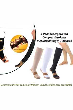 Merkloos 3-Paar Kopergeweven Compressiesokken met Ritssluiting in 3-Kleuren