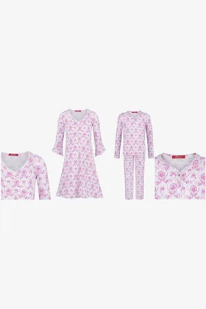 Hanssop Luxe mooie zacht roze Girly Pyjama Set van met verfijnde rand details en luxe knoop sluiting, Meisjes pyjama, roze bloem print, maat 116