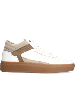 Manfield Heren - Witte leren sneakers met bruine suède details