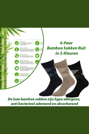 Merkloos 6-Paar Origineel Bamboe Sokken Ruit Motief in 3-Kleuren