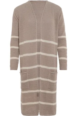 Knit Factory Bibi Lang Gebreid Vest - Gebreide dames cardigan - Lang vest tot over de knie - Gestreepte damesvest gemaakt uit 30% wol en 70% acryl - /Beige - 40/42