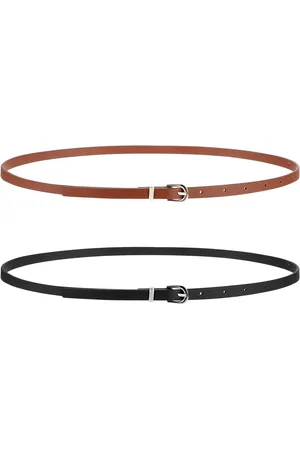 Merkloos 2 Pieces Slim Leather Belt Adjustable Waist Belt for Women - Black and Khaki - 105 x 1 cm